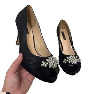 ERIJUNOR Black Satin Rhinestone Peep Toe Heels Bridesmaid Pumps Womens 8